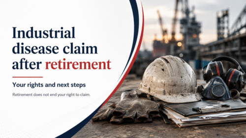 Worn hard hat, respirator, gloves and documents representing an industrial disease claim after retirement.