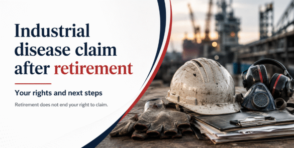 Worn hard hat, respirator, gloves and documents representing an industrial disease claim after retirement.