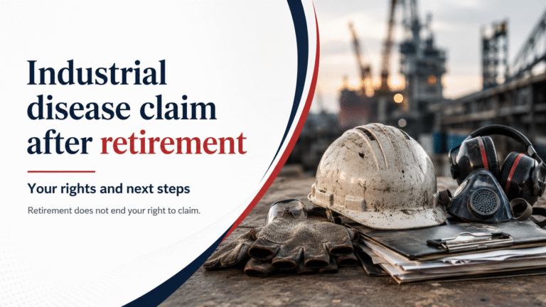 Worn hard hat, respirator, gloves and documents representing an industrial disease claim after retirement.