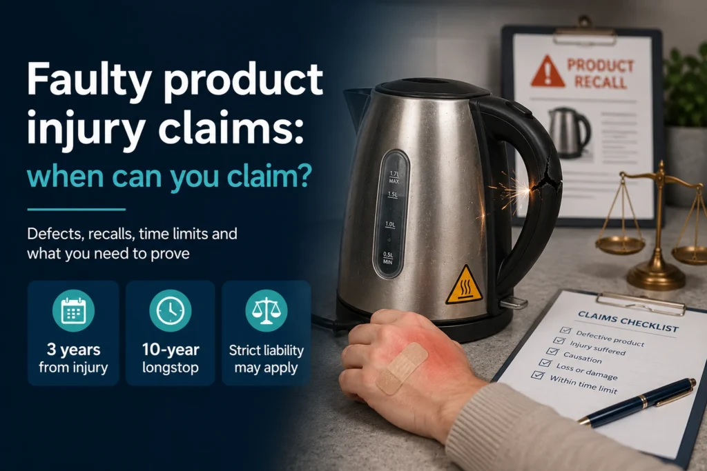 Faulty electric kettle with a damaged handle beside an injured hand, product recall notice and legal scales, illustrating faulty product injury claims.