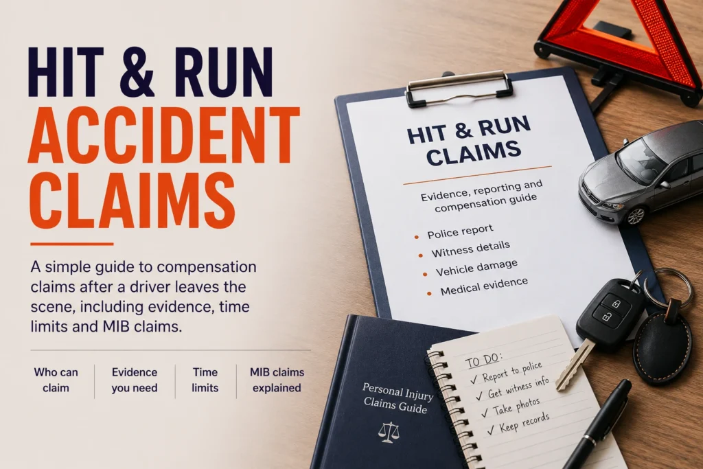 Hit & run accident compensation claims guide with legal documents and car evidence