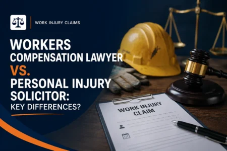 Workers compensation lawyer vs personal injury solicitor graphic with a hard hat, gavel, scales of justice and work injury claim form.