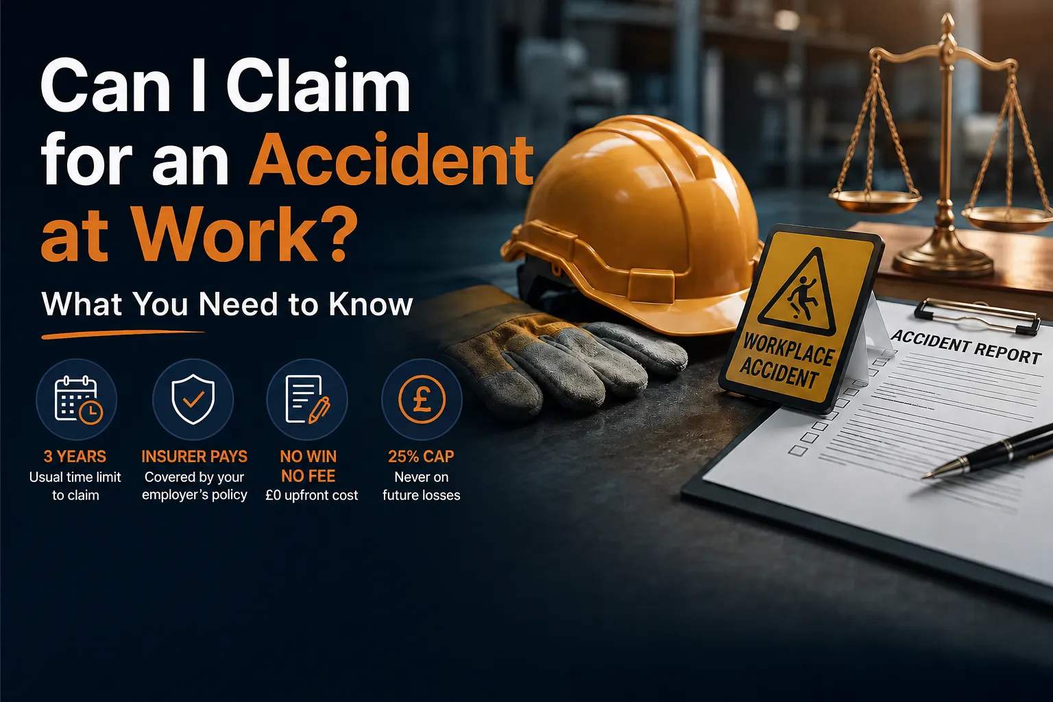 Can I claim for an accident at work? Workplace accident claim guidance with a safety helmet, gloves, accident report and legal scales.