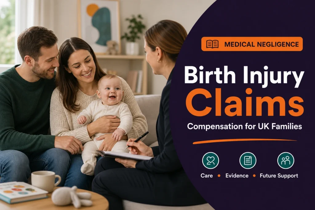 Birth injury claims support for UK parents discussing compensation and their baby’s future care with a legal professional.