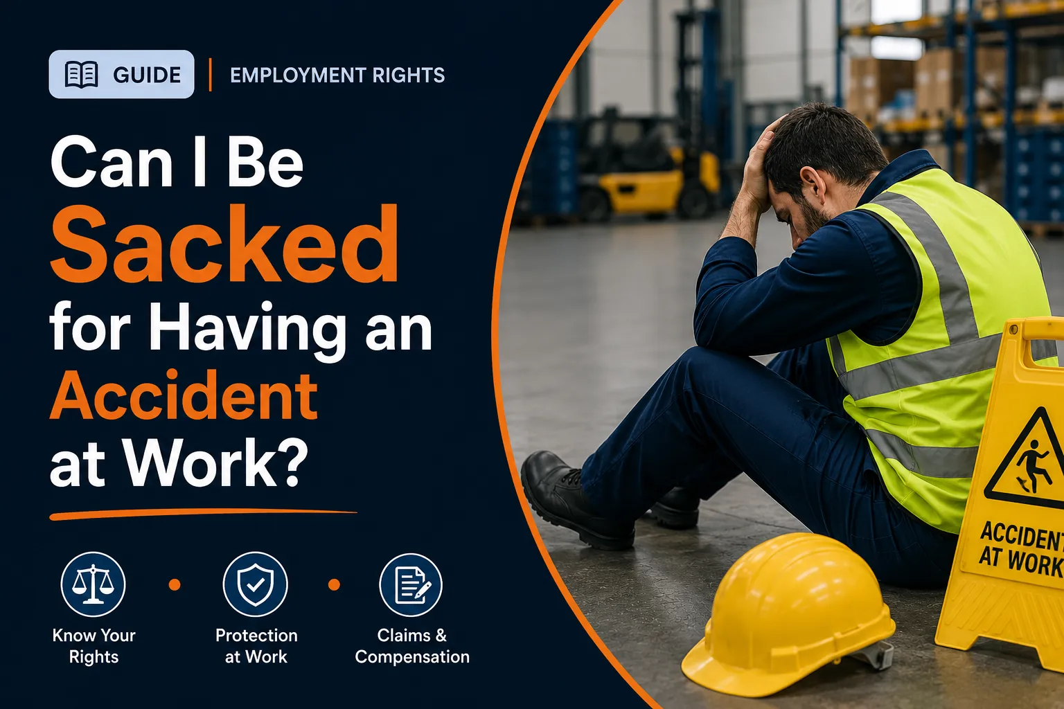 Worker sitting injured in a warehouse after an accident, with a hard hat and accident-at-work warning sign