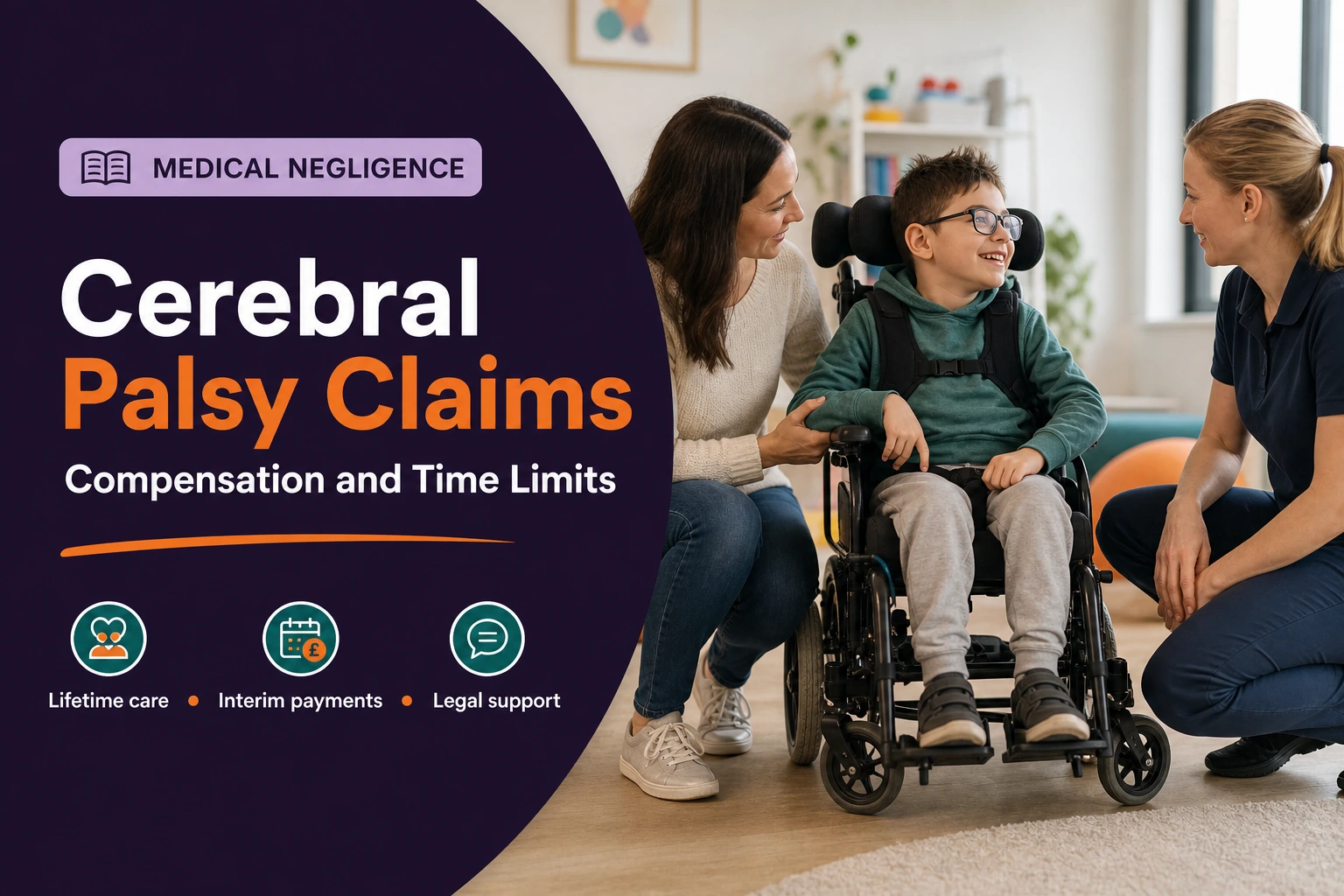 Cerebral palsy compensation support for a child using a wheelchair with a parent and healthcare professional discussing lifetime care.