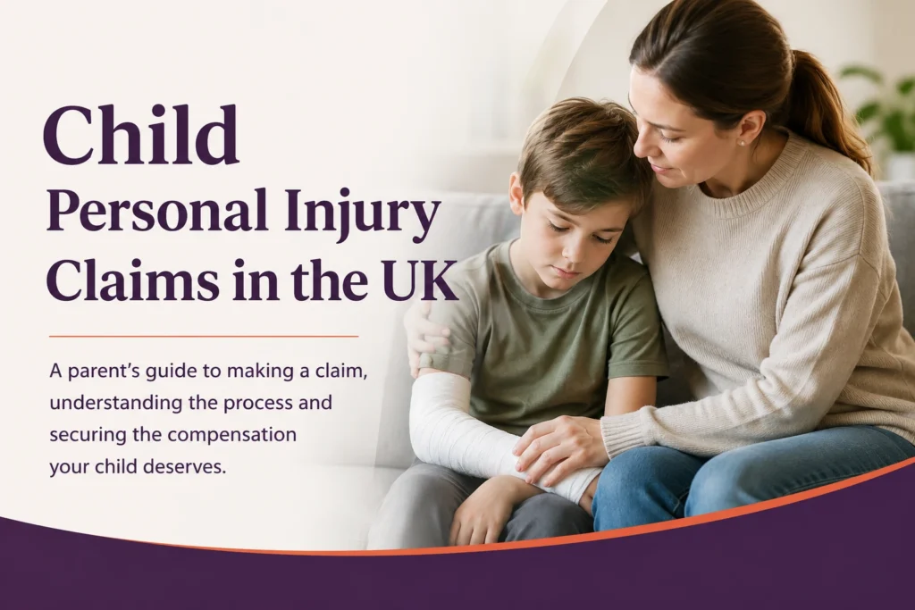 Child personal injury claims in the UK, showing a parent supporting an injured child and highlighting the process of claiming compensation after an accident.