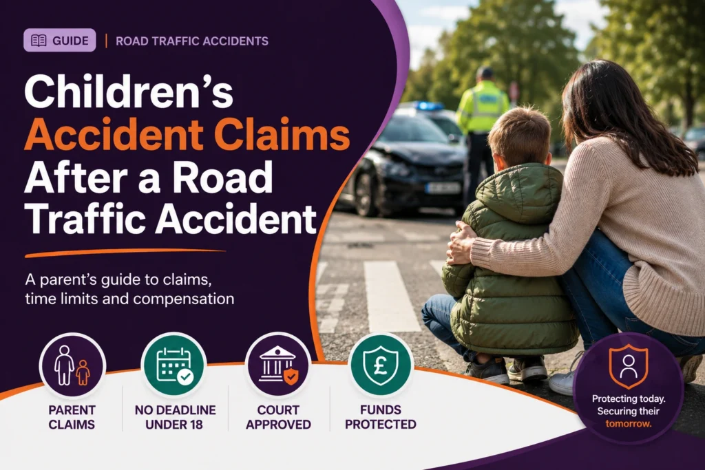 Children’s accident claims guide featuring a parent comforting a child beside a road traffic accident scene, with information about claim deadlines, court approval and protected compensation.