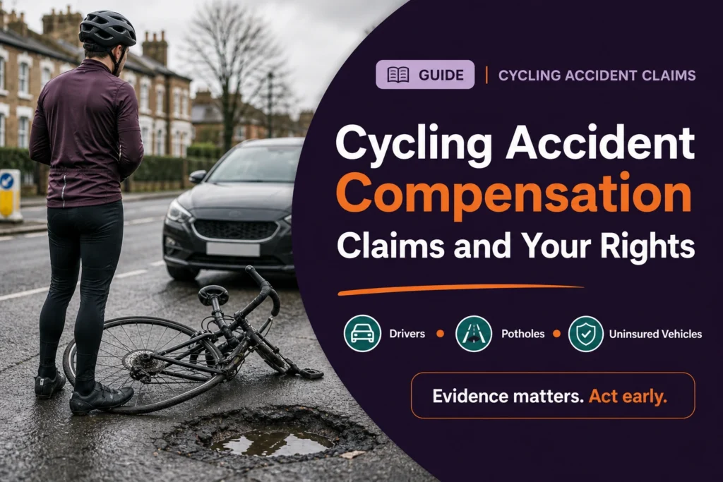 Cycling accident compensation claims featuring a cyclist beside a damaged bicycle, car and pothole on a UK road.