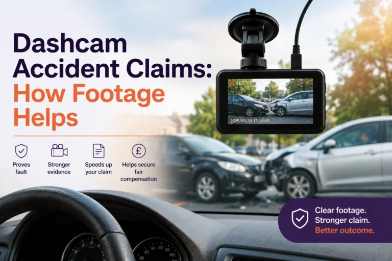 Dashcam mounted on a car windscreen recording a collision between two vehicles, illustrating how footage strengthens dashcam accident claims