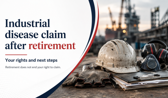 Worn hard hat, respirator, gloves and documents representing an industrial disease claim after retirement.