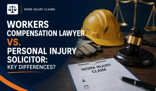 Workers compensation lawyer vs personal injury solicitor graphic with a hard hat, gavel, scales of justice and work injury claim form.