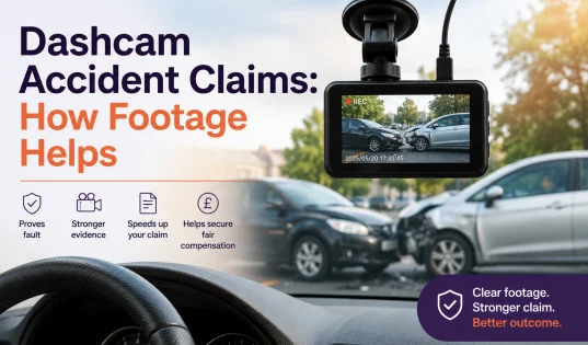 Dashcam mounted on a car windscreen recording a collision between two vehicles, illustrating how footage strengthens dashcam accident claims