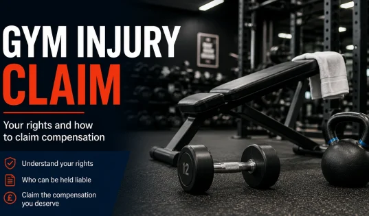 Gym injury claim banner featuring a weight bench, dumbbell and kettlebell in a dark gym, with text explaining rights, liability and compensation.
