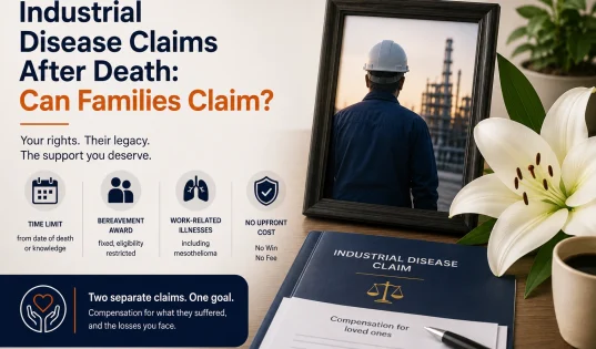 Industrial disease claims after death infographic showing a worker, legal claim documents and key facts about family compensation claims.