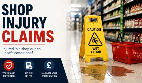 Graphic advertising shop injury claims, showing a wet-floor sign and shopping basket in a supermarket aisle.