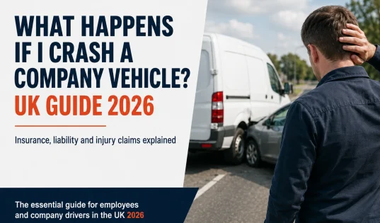 “What happens if I crash a company vehicle? UK Guide 2026.” A man holds the back of his head while looking at a car that has collided with a white company van on a road.