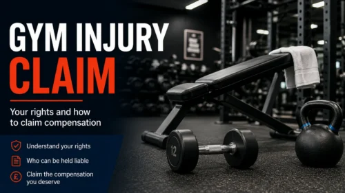 Gym injury claim banner featuring a weight bench, dumbbell and kettlebell in a dark gym, with text explaining rights, liability and compensation.