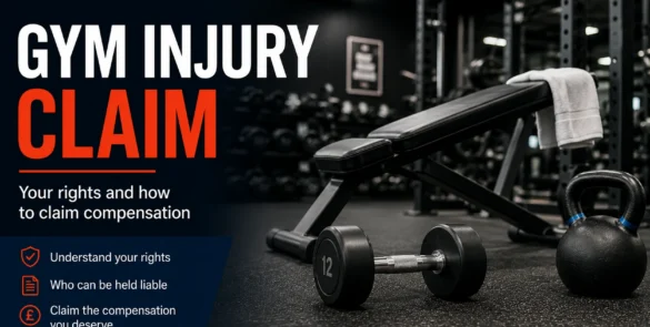 Gym injury claim banner featuring a weight bench, dumbbell and kettlebell in a dark gym, with text explaining rights, liability and compensation.