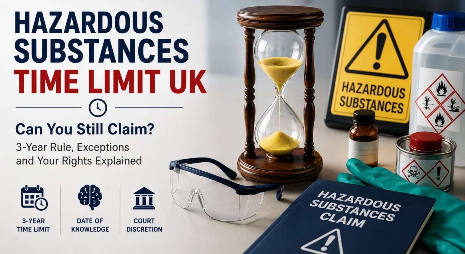 Hazardous substances at work warning signs with chemical containers, gloves and safety glasses.