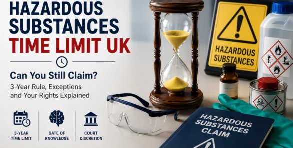 Hazardous substances at work warning signs with chemical containers, gloves and safety glasses.