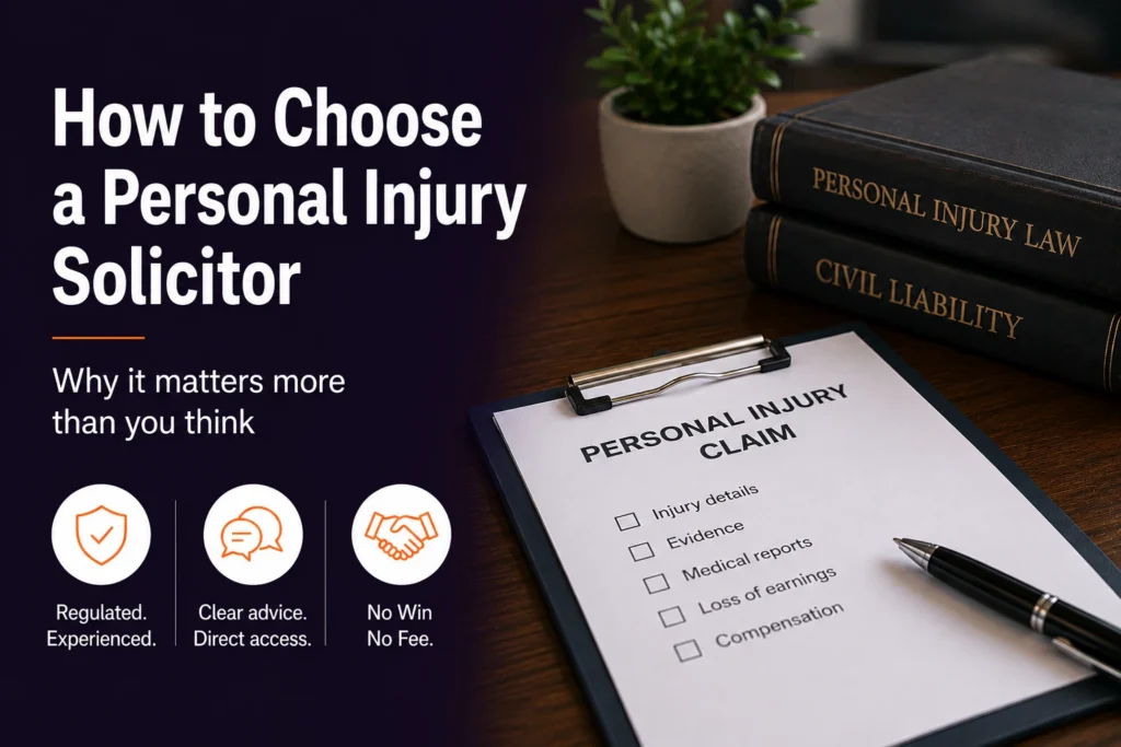 Personal injury solicitor working on legal paperwork at a law firm