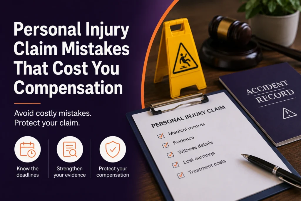 How to choose a personal injury solicitor in the UK, featuring legal claim documents, justice scales and compensation claim paperwork.