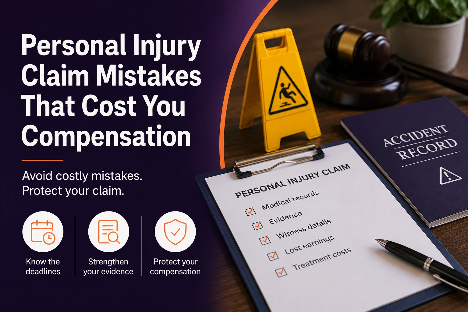 How to choose a personal injury solicitor in the UK, featuring legal claim documents, justice scales and compensation claim paperwork.