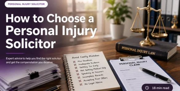 How to choose a personal injury solicitor in the UK, featuring legal claim documents, justice scales and compensation claim paperwork.