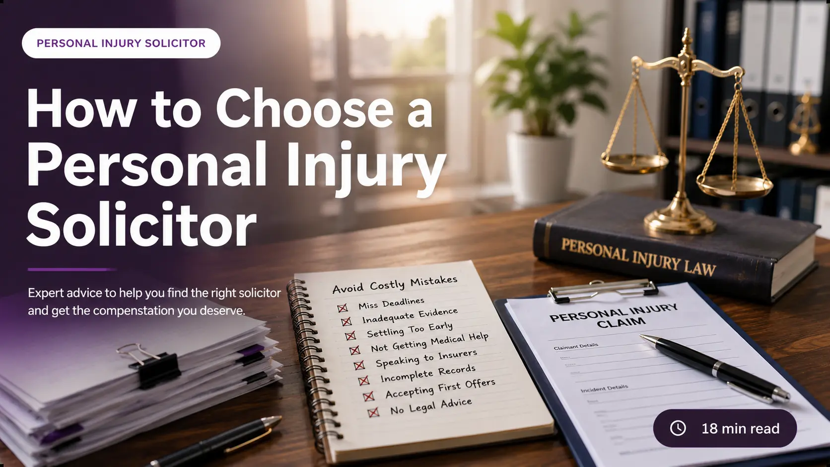 How to choose a personal injury solicitor in the UK, featuring legal claim documents, justice scales and compensation claim paperwork.