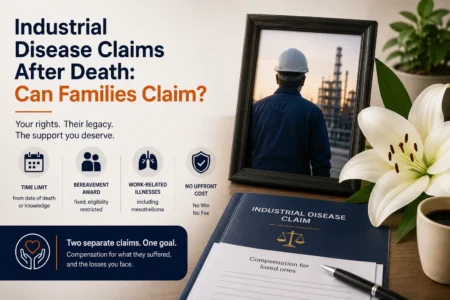 Industrial disease claims after death infographic showing a worker, legal claim documents and key facts about family compensation claims.