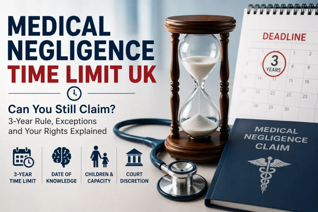 Medical negligence time limit guide for UK claims with hourglass, calendar and stethoscope.