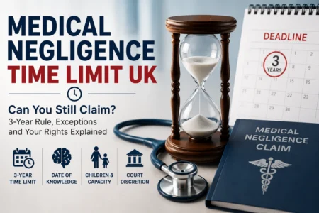 Medical negligence time limit guide for UK claims with hourglass, calendar and stethoscope.