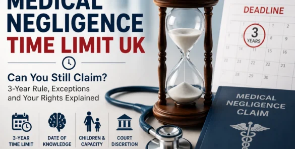 Medical negligence time limit guide for UK claims with hourglass, calendar and stethoscope.