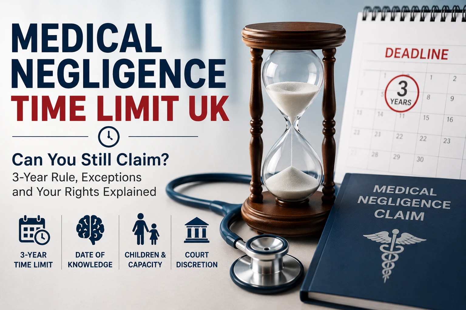 Medical negligence time limit guide for UK claims with hourglass, calendar and stethoscope.