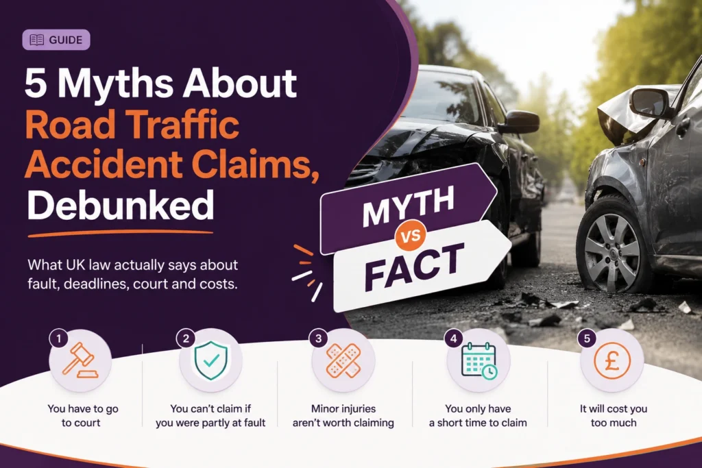 : 5 myths about road traffic accident claims debunked, featuring a car accident scene and myth vs fact guide covering court, partial fault, minor injuries, claim deadlines and costs.