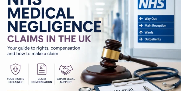 NHS medical negligence claims guide showing a hospital corridor, medical records and legal gavel representing compensation claims in the UK.