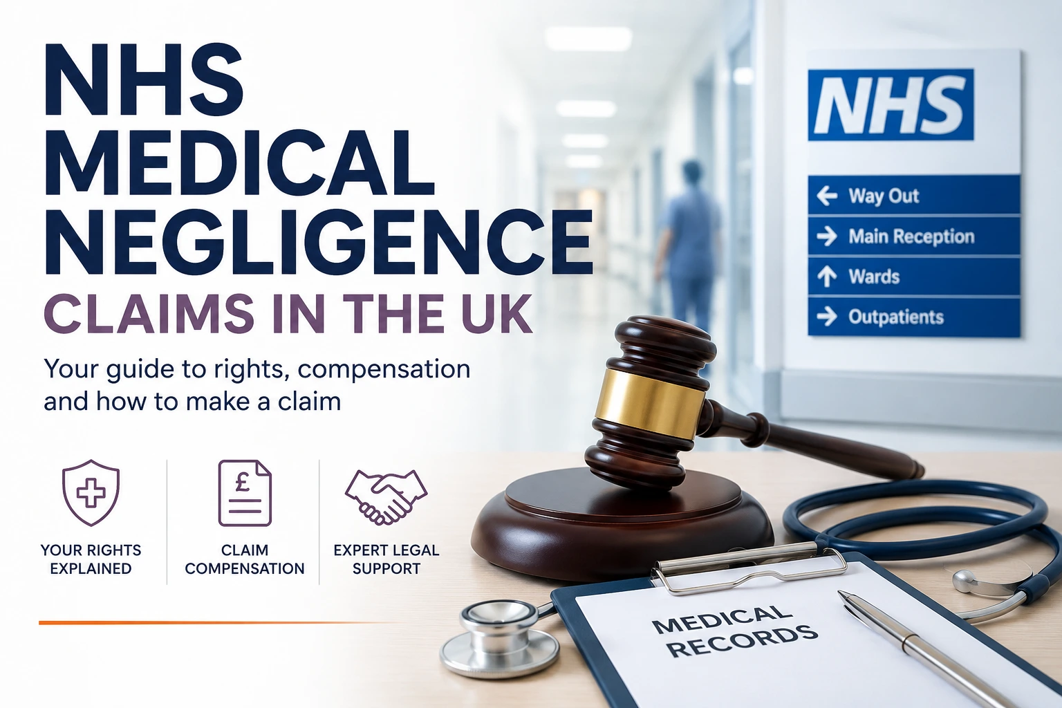 NHS medical negligence claims guide showing a hospital corridor, medical records and legal gavel representing compensation claims in the UK.