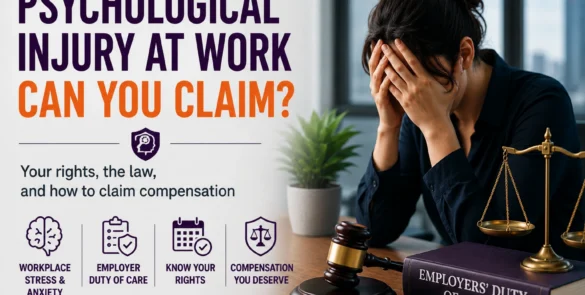 Psychological injury at work claim guide showing a distressed office worker with legal symbols representing workplace stress, employer liability and compensation rights in the UK.