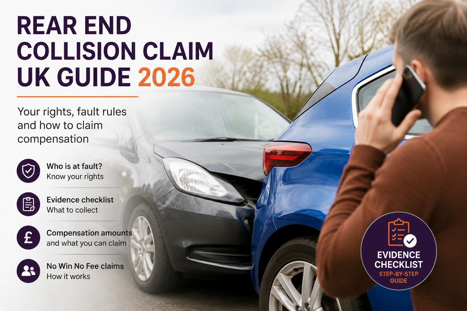 Rear-end collision claim UK guide showing two vehicles after a road traffic accident with key information about fault, evidence and compensation.
