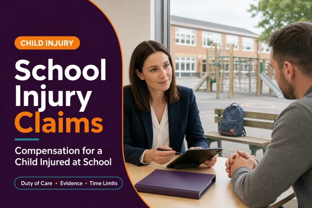 School injury claims consultation between a parent and solicitor overlooking an empty UK school playground.