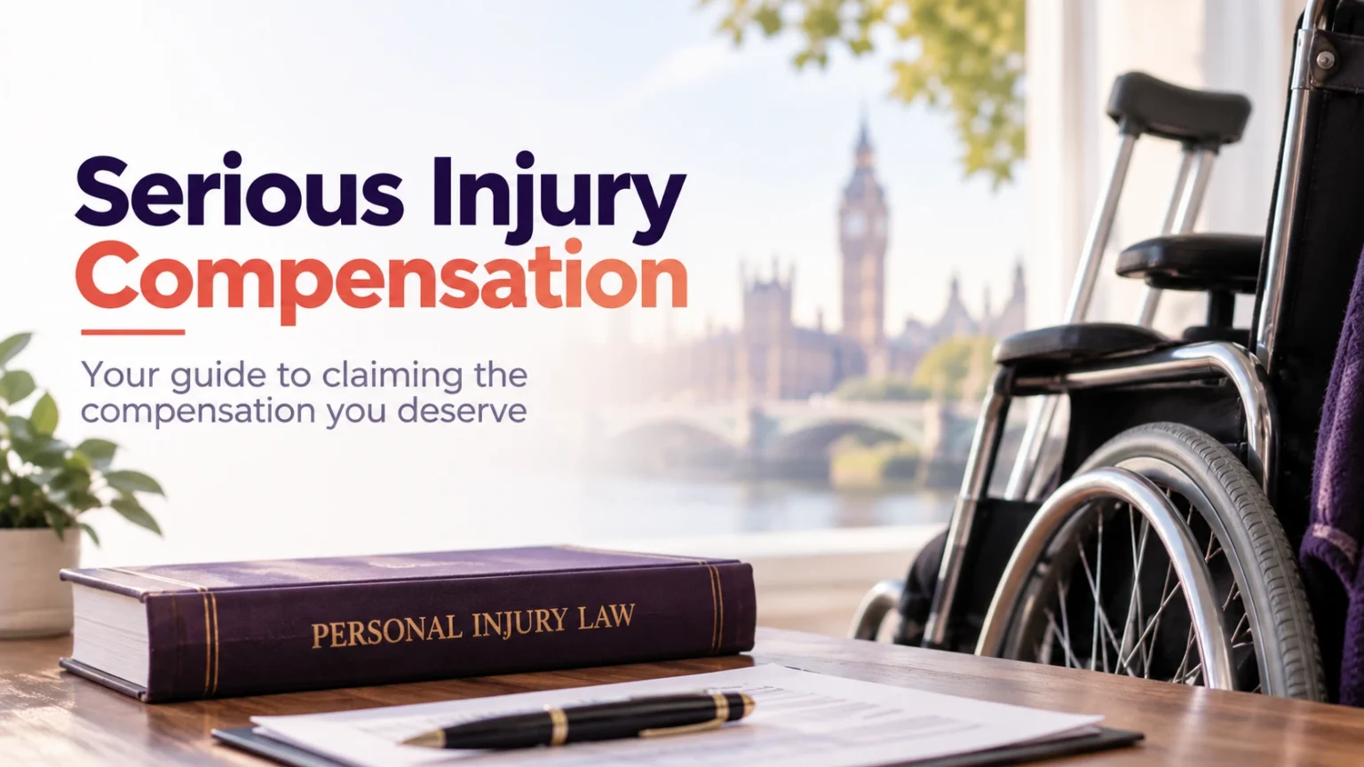 Serious injury compensation claims with a person using a wheelchair alongside legal documents and personal injury law book