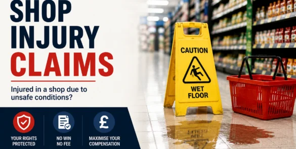 Graphic advertising shop injury claims, showing a wet-floor sign and shopping basket in a supermarket aisle.