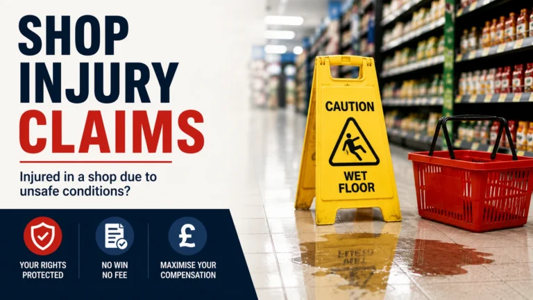 Graphic advertising shop injury claims, showing a wet-floor sign and shopping basket in a supermarket aisle.