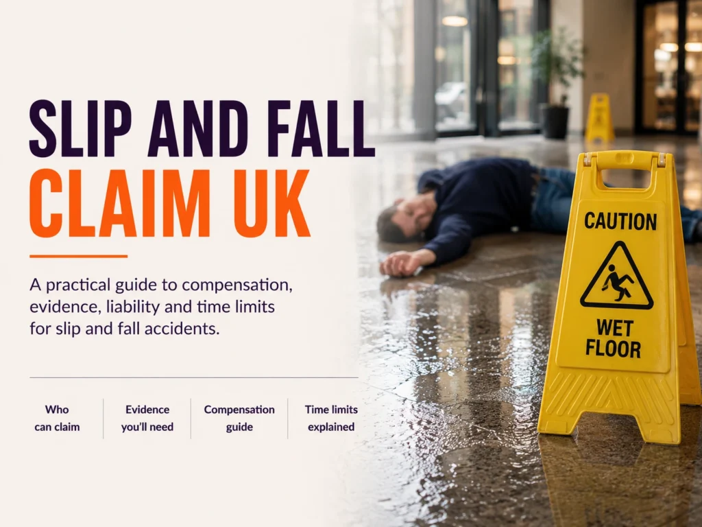 Illustration of a person slipping on a wet floor, representing a UK slip and fall claim guide covering compensation, liability, evidence and time limits.