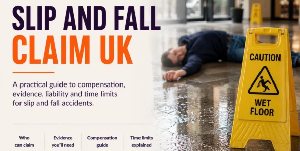 Illustration of a person slipping on a wet floor, representing a UK slip and fall claim guide covering compensation, liability, evidence and time limits.