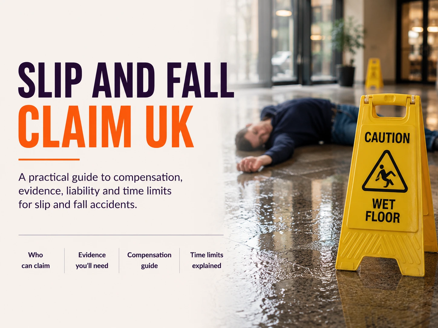 Illustration of a person slipping on a wet floor, representing a UK slip and fall claim guide covering compensation, liability, evidence and time limits.