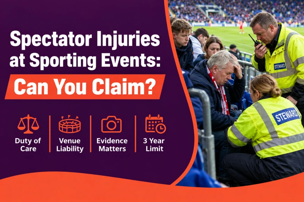 Spectator Injuries at Sporting Events with stadium staff assisting an injured football fan after an accident