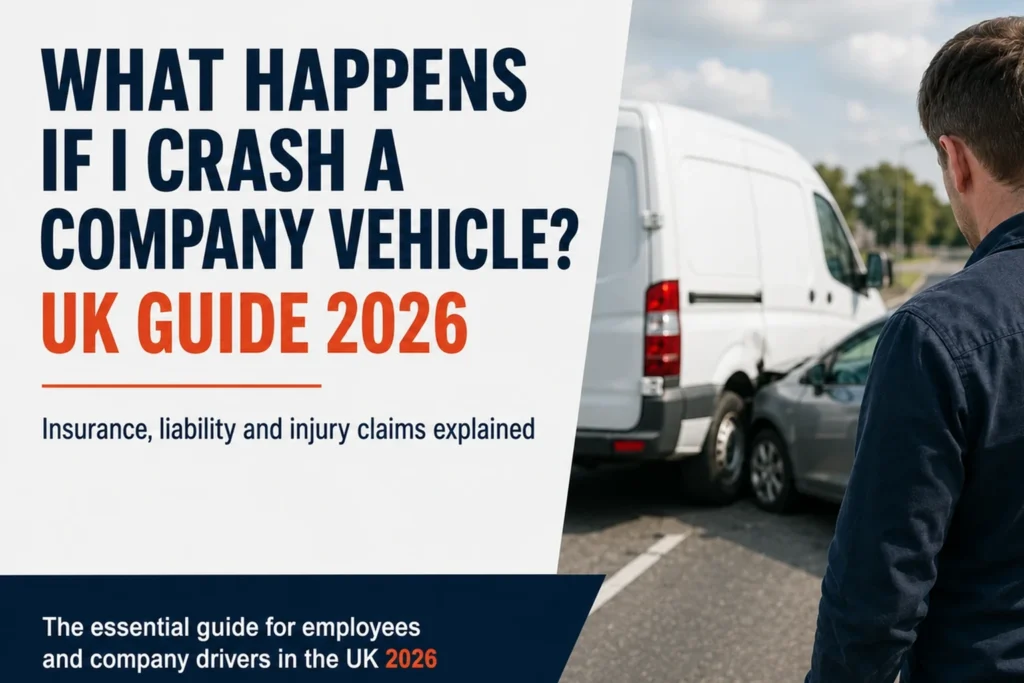 “What happens if I crash a company vehicle? UK Guide 2026.” A man holds the back of his head while looking at a car that has collided with a white company van on a road.