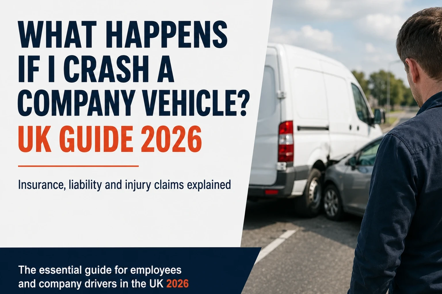 “What happens if I crash a company vehicle? UK Guide 2026.” A man holds the back of his head while looking at a car that has collided with a white company van on a road.